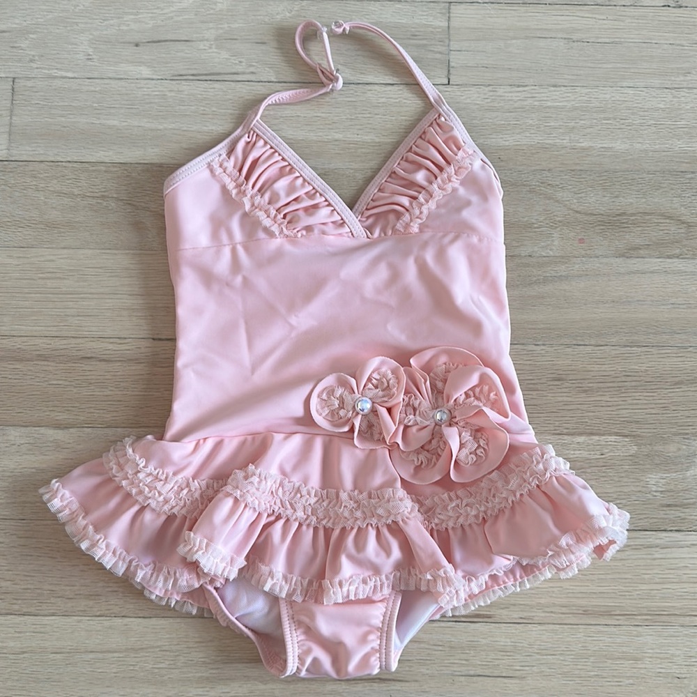 Isabella & Chloe pink frilly pearl flower Swimsuit 2T
